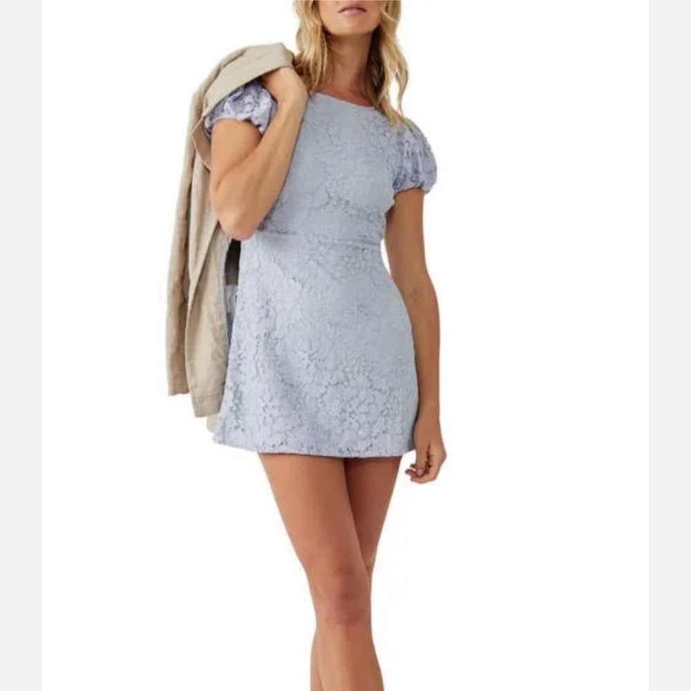 Free People Hailee Lace Light Blue Boho Mini Dress NWT Size XL